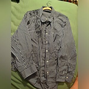 Alexander Jordan button up top blue pinstripe floral embroidery. Cute for work